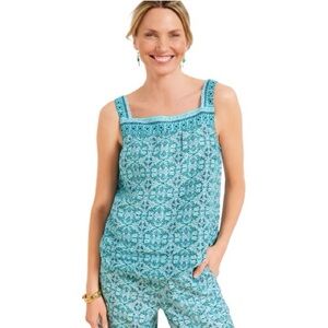Talbots Sleeveless Blouse Women's Size Large Petite Turquoise Linen‎ Square Neck